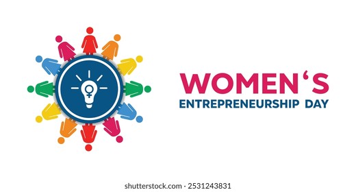 Womens Entrepreneurship Day. Lamp and women icon. Great for cards, banners, posters, social media and more. White background. 