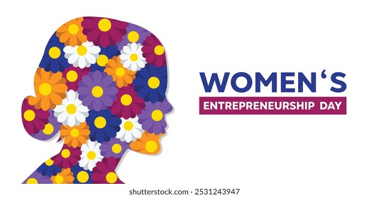 Womens Entrepreneurship Day. Women and flower. Great for cards, banners, posters, social media and more. White background. 