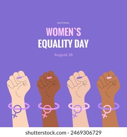 Women's Equality Day. August 26.  Banner, postcard, poster, background template with raised up fist, Venus sign and text inscription. Vector illustration