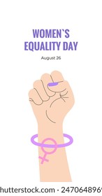 Women's Equality Day. August 26.  Banner, postcard, poster, background template with raised up fist, Venus sign and text inscription. Vector illustration