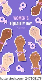 Women's Equality Day. August 26.  Banner, postcard, poster, background template with raised up fist, Venus sign and text inscription. Vector illustration