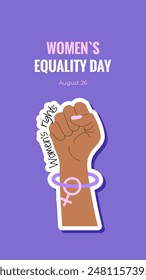 Women's Equality Day. August 26.  Banner, postcard, poster, background template with raised up fist, Venus sign and text inscription. Vector illustration