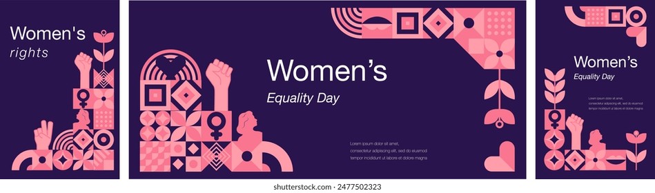 Women's equality day. August. Set of 3 geometric templates dedicated to women's history month. Women's equality day concept. Poster, greeting card, banner and background. Vector illustration