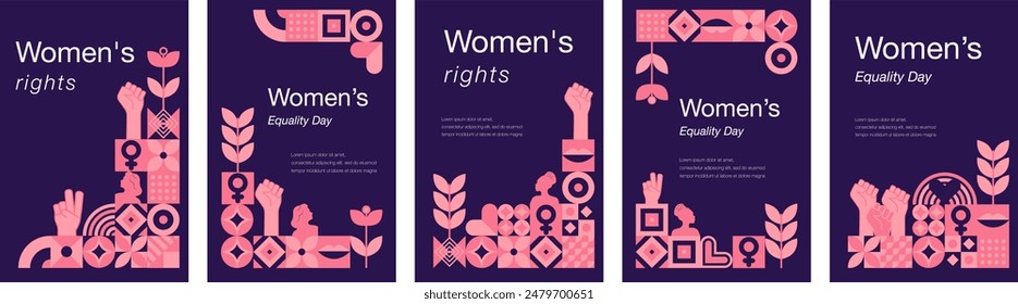 Women's Equality Day. August. Set of 5 geometric templates,web banner dedicated to women's history month.Feminism concept.Women's rights history month. Template for background, banner, greeting card