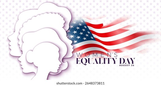 Women's Equality Day Banner Design. August 26 National Female Holiday in United States. USA Celebration Template with Woman Face Silhouette on Clean Background for Flyer, Greeting Card, Web Banner