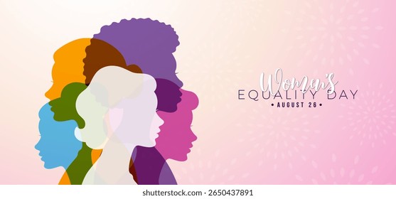 Women's Equality Day Banner Design. August 26 National Female Holiday in United States. USA Celebration Template with Woman Face Silhouette on Clean Background for Flyer, Greeting Card, Web Banner