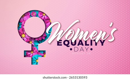 Women's Equality Day Banner Design with Colorful Flower in Femine Symbol and Typography Lettering on Pink Background. August 26 National Feminine Holiday in United States. USA Celebration Template