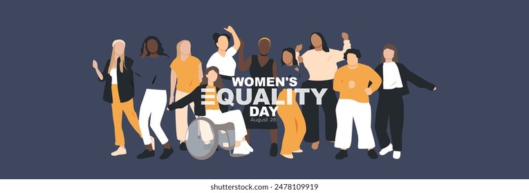 Women's Equality Day banner. Different women stand together.