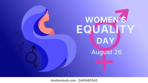 Womens Equality Day banner Illustration with Gender Symbols and Feminine Silhouette. Gender equality symbols, and text promoting Womens Equality Day on August 26. Vector illustration