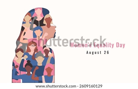 Women's Equality Day banner template. Flat illustration of a silhouette of a female portrait in profile against a background of a pattern of diverse female figures. Girl power