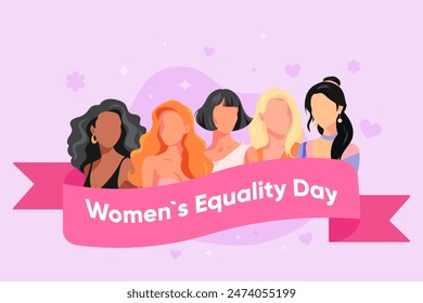 Womens Equality Day banner, a variety of beautiful women. Pink purple background.