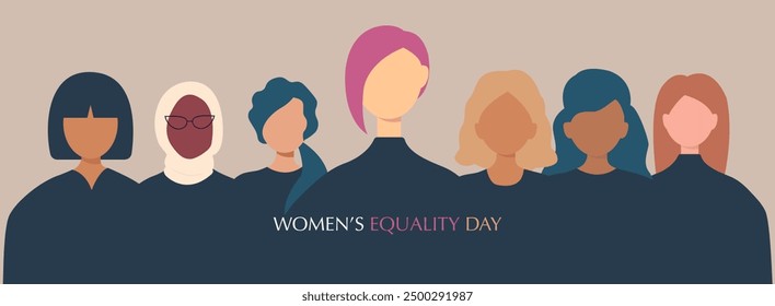 Women's Equality Day banner. Women of different ethnicities stand side by side together.