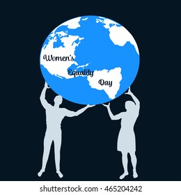 Women's Equality Day card, poster with silhouettes of young man and woman holding the globe together having equal rights