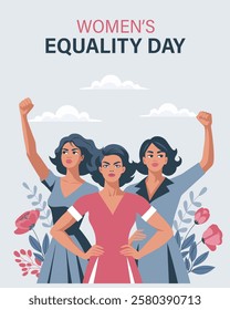 Women's Equality Day card. Women with flowers and raised hands in protest. Banner, poster