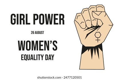 Women's Equality Day concept in trendy Geometric Brutalism style. Feminism Girl Power design with Geometrical woman hand clenched Fist isolated white background. Brutal vector for web banner poster 
