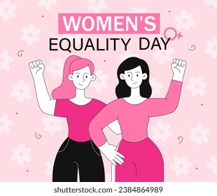 Womens equality day concept. Young girls hug each others. Feminism and sisterhood. Tolerance and respect, unity. Poster or banner for website. Linear flat vector illustration