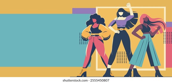 Women's Equality Day. Women's Day. Different women symbolize the fight for women's rights. Woman raises her hand up in a clenched fist, Bright vector illustration with space for text.