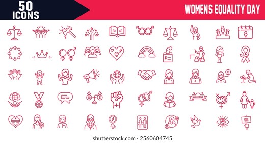 Women's Equality Day, Editable Stroke Outline Icons Set, Women of Different Ages, Nationalities, and Religions Uniting for Equality Celebrate Women's Empowerment.