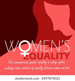 Women's Equality Day event campaign banner.  Female symbol with bold text and illustration of a woman on dark red background to commemorate on August 26th