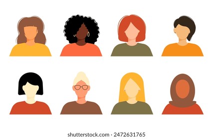 Women's Equality Day. Feminism holiday. Set of group women in different ethnicity, age, hair color and more. Vector illustration in flat style. 