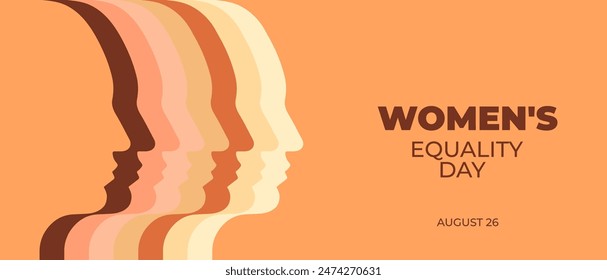 Women's Equality Day. Feminism holiday. Banner with silhouette of a woman's heads in profile. Vector illustration in flat style. 