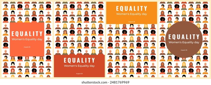 Women's Equality Day. Feminism holiday. Posters set with group of women in different ethnicity, age, hair color and more. Vector illustration in flat style. 