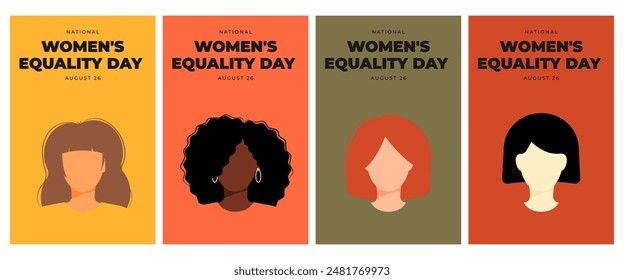 Women's Equality Day. Feminism holiday. Set of poster, flyer, card with different women. Vector illustration in flat style. 