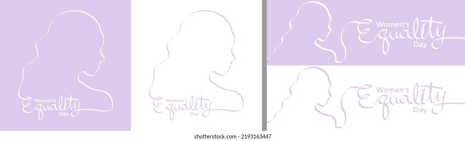 Women's Equality Day Greeting Card and Banner Set on blue and white background. Calligraphy and women's silhouette in brush. Editable Vector Illustration. EPS 10.