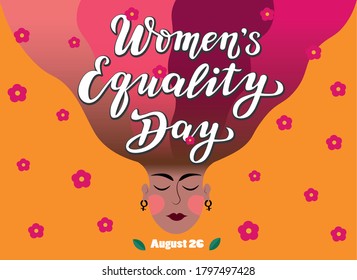 women's equality day lettering text with face silhouette. calligraphy for print or web. august celebrations.