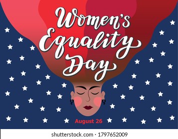 women's equality day lettering text with face silhouette on the USA flag. calligraphy for print or web. august celebrations.