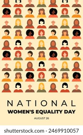 Women's Equality Day. National Feminism holiday. Poster with group of women in different ethnicity, age, hair color and more. Vector illustration in flat style. 