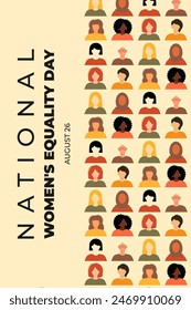 Women's Equality Day. National Feminism holiday. Poster with group of women in different ethnicity, age, hair color and more. Vector illustration in flat style. 