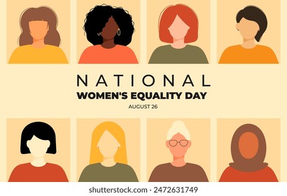 Women's Equality Day. National Feminism holiday. Group of women in different ethnicity, age, hair color and more. Template for banner, card, poster. Vector illustration in flat style.