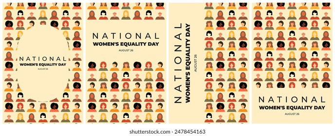 Women's Equality Day. National Feminism holiday. Posters set with group of women in different ethnicity, age, hair color and more. Vector illustration in flat style.