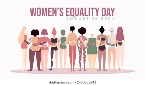 Women's Equality Day Poster, Banner. Group of multiracial Women in different age, body type, ethnicity, hair color, abilities. Flat pastel color vector illustration.