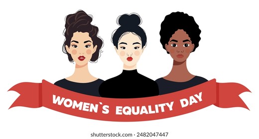 Afiche del Día de la Igualdad. Hermosa diversidad de chicas. Poder femenino