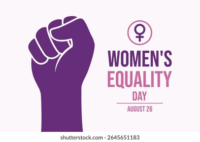 Women's Equality Day poster vector illustration. Female raised hand with clenched fist vector. Fist raised in protest purple silhouette icon. Template for background, banner, card. 26 August