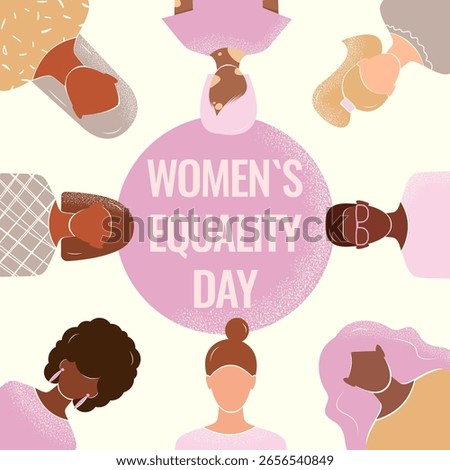 Women's Equality Day Square Banner with grain texture. Women of different ethnicities on white background. Faceless Vector illustration.