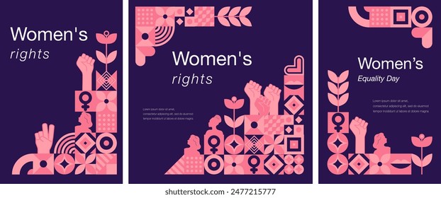 Women's equality day in the United States. Set of 3 geometric templates dedicated to women's history month. Feminism concept. Template for background, banner, postcard, poster.