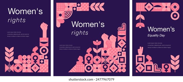 Women's Equality Day in the United States. August. Set of 3 geometric templates dedicated to women's history month. Feminism concept. Template for background, banner, greeting card, poster.