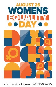 Women's Equality Day in United States. Female holiday, celebrated annually in August 26. Women right history month. Feminism concept. Poster, greeting card, banner and background. Vector illustration