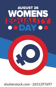 Women's Equality Day in United States. Female holiday, celebrated annually in August 26. Women right history month. Feminism concept. Poster, greeting card, banner and background. Vector illustration