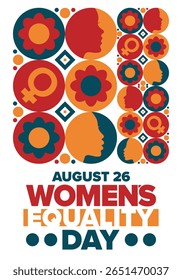 Women's Equality Day in United States. Female holiday, celebrated annually in August 26. Women right history month. Feminism concept. Poster, greeting card, banner and background. Vector illustration