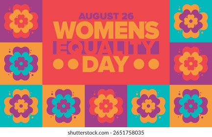 Dia da Igualdade das Mulheres nos Estados Unidos. Férias femininas, celebradas anualmente em 26 de agosto. Mês da história das mulheres. Conceito de feminismo. Cartaz, cartão de saudação, faixa e fundo. Ilustração vetorial