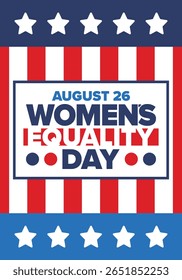 Dia da Igualdade das Mulheres nos Estados Unidos. Férias femininas, celebradas anualmente em 26 de agosto. Mês da história das mulheres. Conceito de feminismo. Cartaz, cartão de saudação, faixa e fundo. Ilustração vetorial