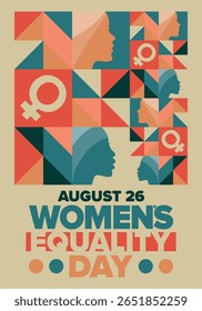 Dia da Igualdade das Mulheres nos Estados Unidos. Férias femininas, celebradas anualmente em 26 de agosto. Mês da história das mulheres. Conceito de feminismo. Cartaz, cartão de saudação, faixa e fundo. Ilustração vetorial