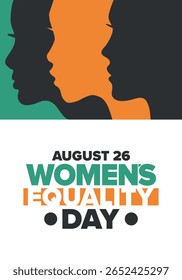 Women's Equality Day in United States. Female holiday, celebrated annually in August 26. Women right history month. Feminism concept. Poster, greeting card, banner and background. Vector illustration