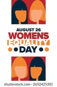 Women's Equality Day in United States. Female holiday, celebrated annually in August 26. Women right history month. Feminism concept. Poster, greeting card, banner and background. Vector illustration