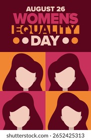 Women's Equality Day in United States. Female holiday, celebrated annually in August 26. Women right history month. Feminism concept. Poster, greeting card, banner and background. Vector illustration