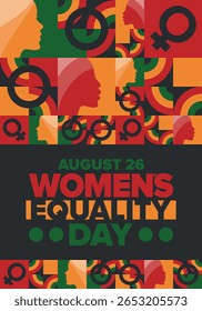 Dia da Igualdade das Mulheres nos Estados Unidos. Férias femininas, celebradas anualmente em 26 de agosto. Mês da história das mulheres. Conceito de feminismo. Cartaz, cartão de saudação, faixa e fundo. Ilustração vetorial